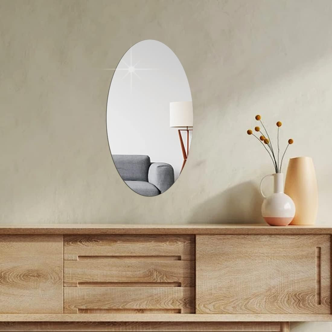 Plastic Oval Shape Adhesive Mirror Sticker for Wall On Tiles Bedroom Living Room Basin Mirror Bathroom Wall Mirror Both Side Sticker Acrylic Wall Mirror (Pack of 10)