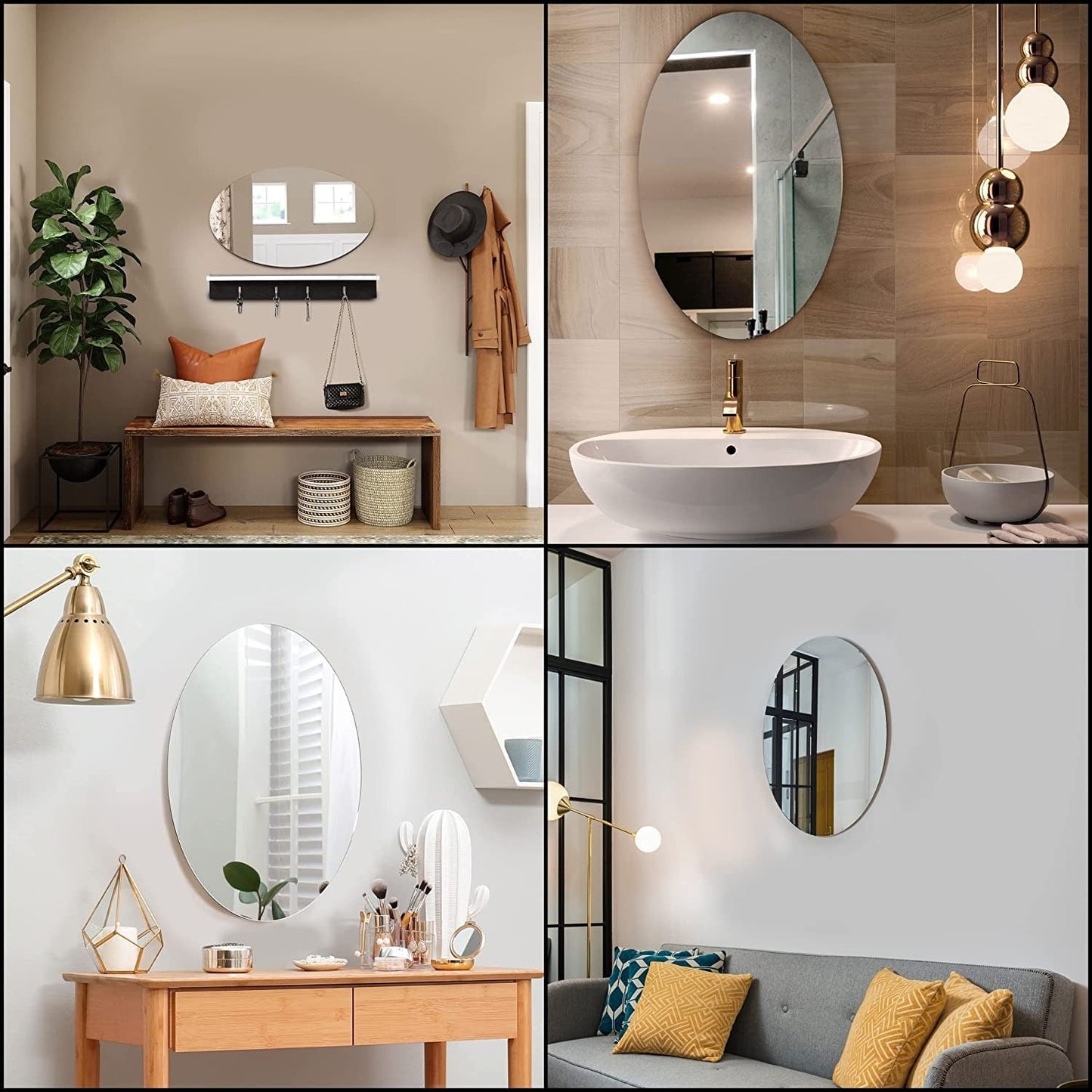 Plastic Oval Shape Adhesive Mirror Sticker for Wall On Tiles Bedroom Living Room Basin Mirror Bathroom Wall Mirror Both Side Sticker Acrylic Wall Mirror (Pack of 10)