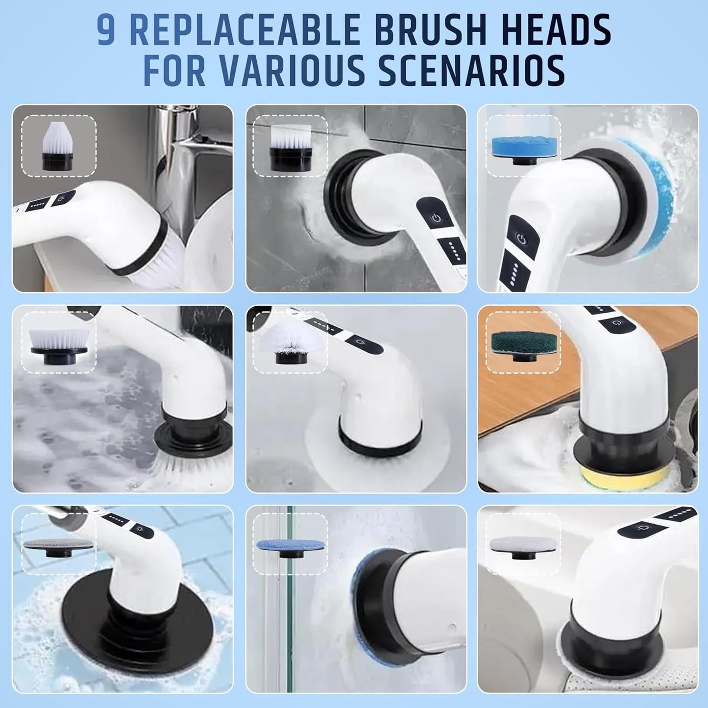 9 in 1 Electric Spin Scrubber for cleaning with Type C-USB Port, Charger, Gloves, 3 Adjustable Speed, LED Display