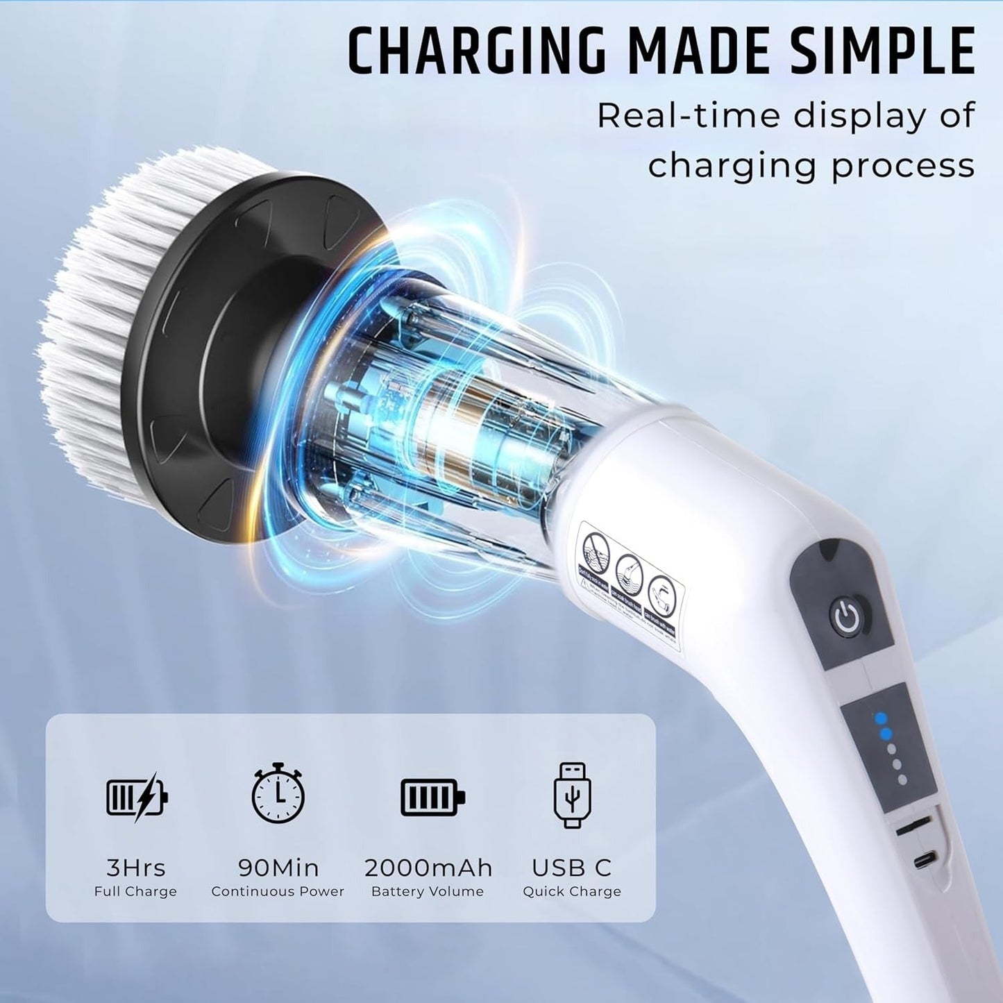 9 in 1 Electric Spin Scrubber for cleaning with Type C-USB Port, Charger, Gloves, 3 Adjustable Speed, LED Display